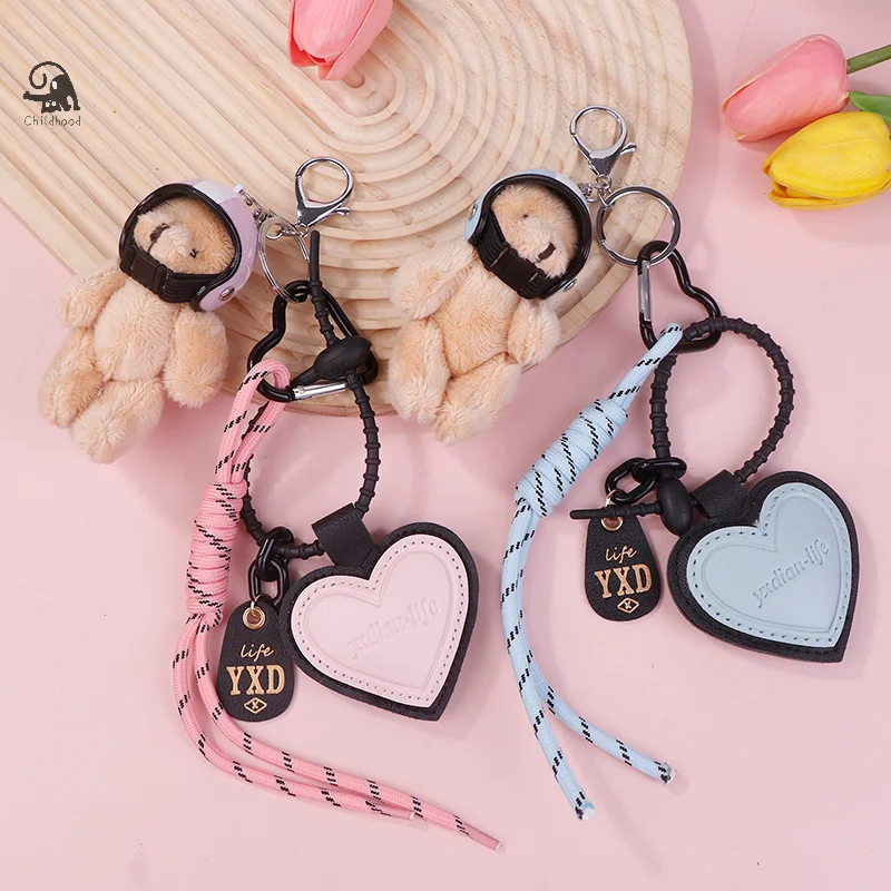 Cute Helmet Bear Pendant DIY Personality Car Key Chain Decoration Charm Woven Rope Hanging Mobile Phone Key Ring Bag Accessories