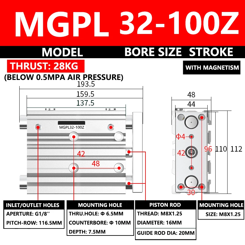ABILKEEN MGPL Pneumatic Compact Guide Cylinder MGPL32-100Z 32MM Bore X 100MM Stroke Three Axis Three Rod Thin Air Cylinder