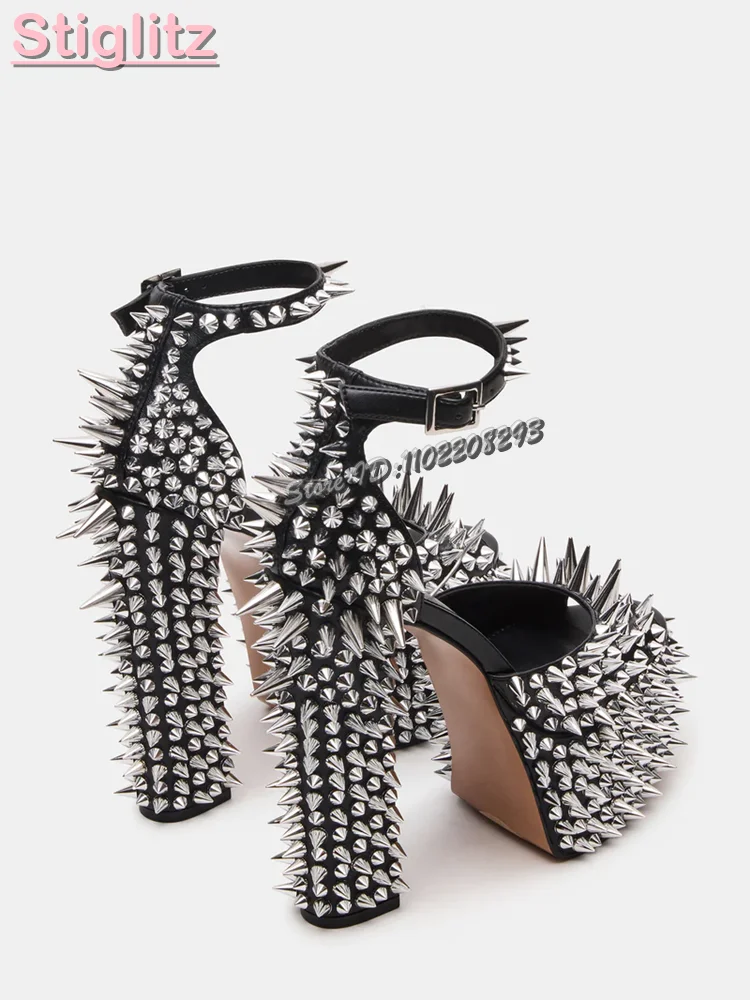 Sexy Spikes Square Heel Sandals Black Peep Toe Shallow Rivet Buckle Strap High Heels 2026 Summer New Women Fashion Party Shoes - view 2