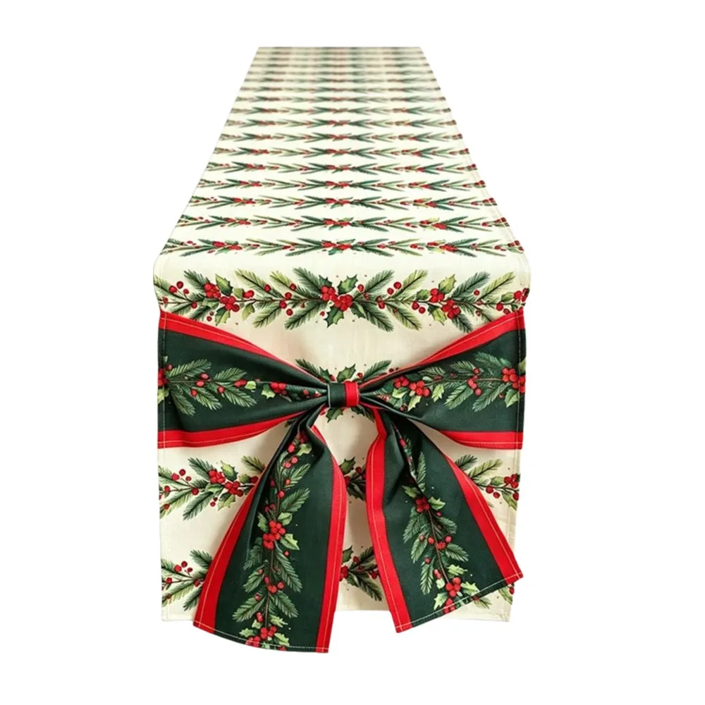 Bows Accents Christmas Table Runner Poinsettia Holly Berries Golden Accents Festive Table Decoration Polyester