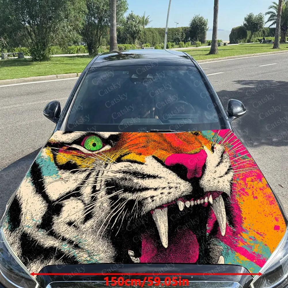 Color-Pop Roaring Tiger with Artistic Flair Car Hood Stickers - Self-Adhesive, Waterproof and Durable Vinyl Wrap, Decorate And P