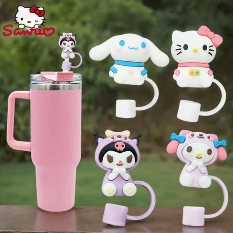 MINISO Straw Cover Cap Sanrio Hello Kitty Kuromi Cinnamoroll Anime Cute Straw Toppers Silicone Straw Cap Straw Accessories