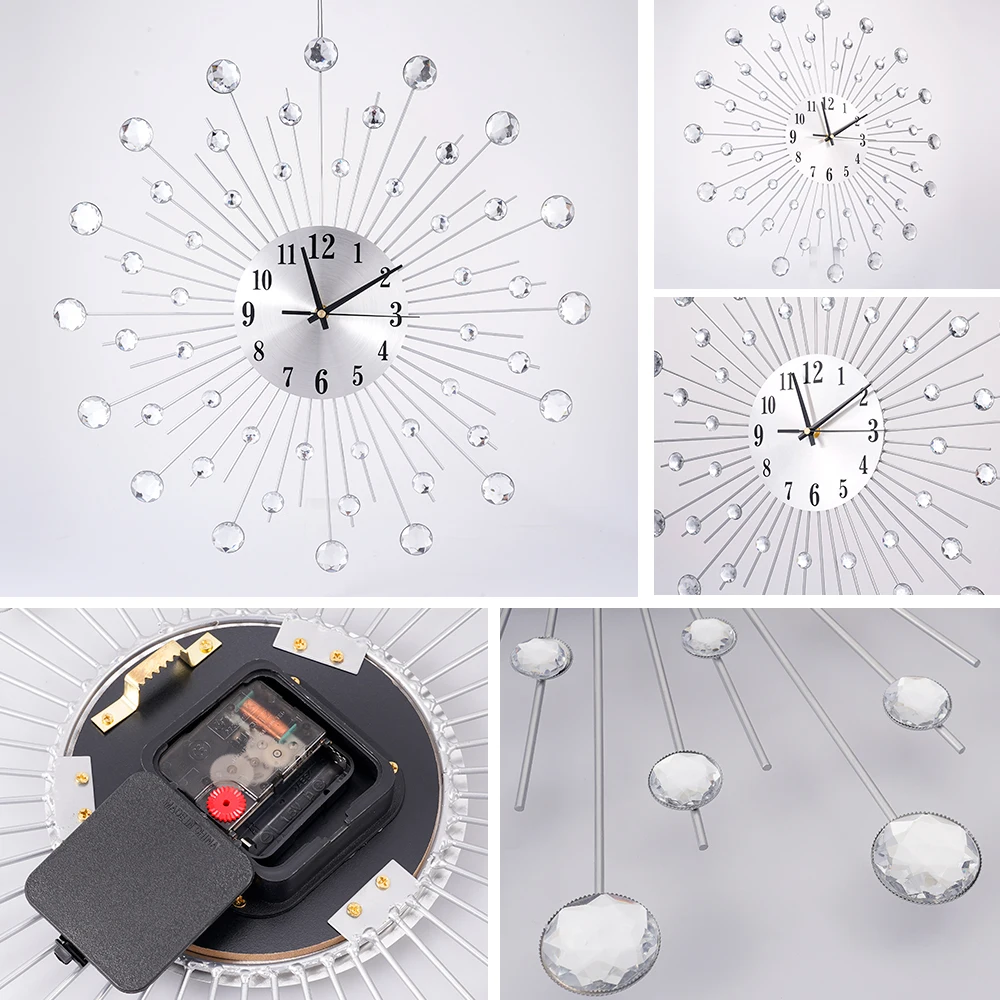 50*50CM Silver Diamond Sun Wall Clock European Battery-Powered Wall Clock Movement Metal Glass Clock Home Office Wall Decoratio
