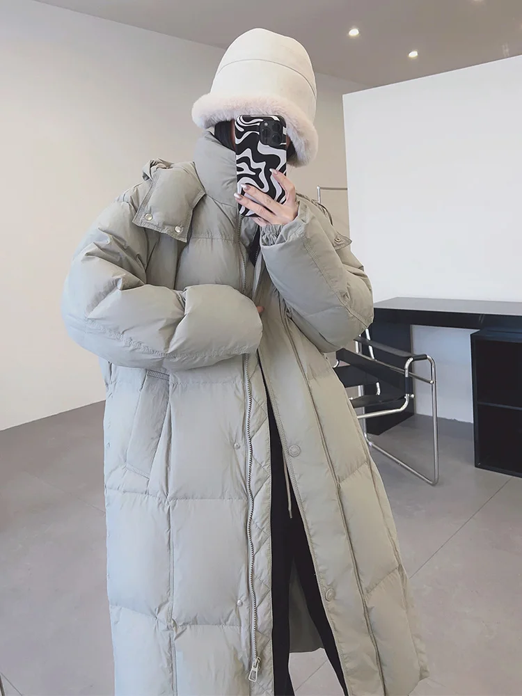 Solid Color Hooded White Duck Down Coat Long Women Warm Fluffy Long Sleeve Thick Puffer Jacket Coat Female Fashion Fit Winter