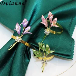6 Pcs Metal Lily Napkin Rings Pink Purple Green Napkin Holders for French Garden Wedding Dinner Party Christmas Table Decoration