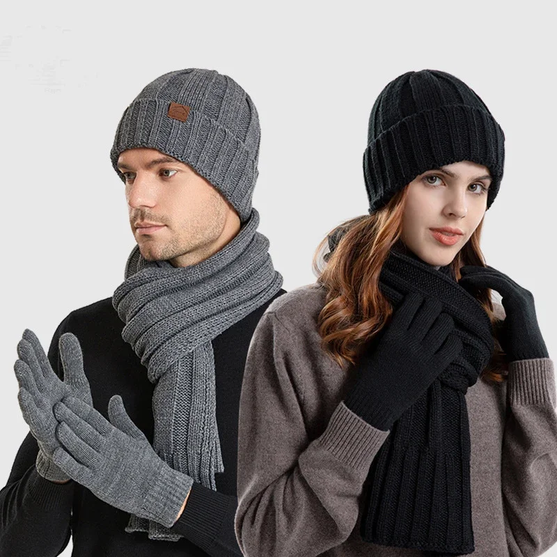 

Men Women Knit Beanie Hats Scarf with Touchscreen Gloves Winter Outside Warm Thin Velvet Lined Set Man Thick Ribbed Long Scaves