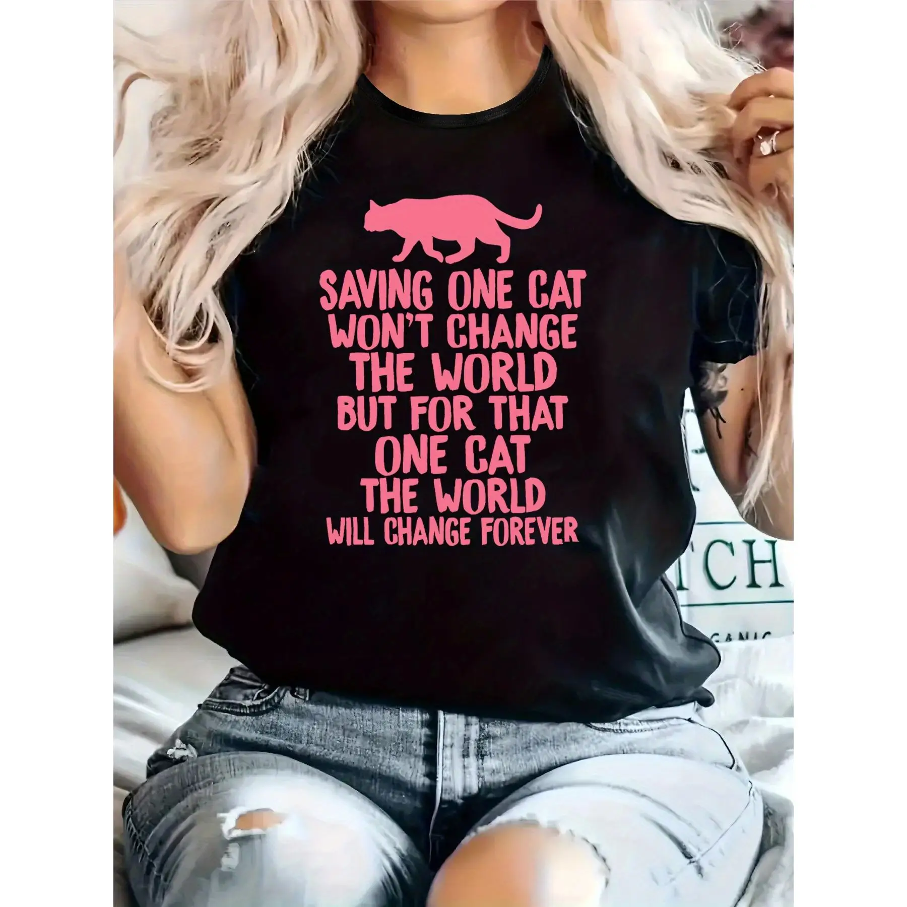 

Cat Lovers Graphic T-Shirt, Saving One Cat Inspirational Saying Tee, Pet Mom Casual Top, Rescue Animal Gift for Women