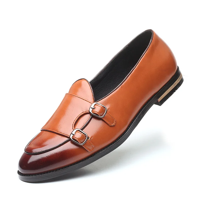 New Shoes for Men Leather Casual Monk Shoes Pointed Toe British Style Business Leisure Dress Shoes