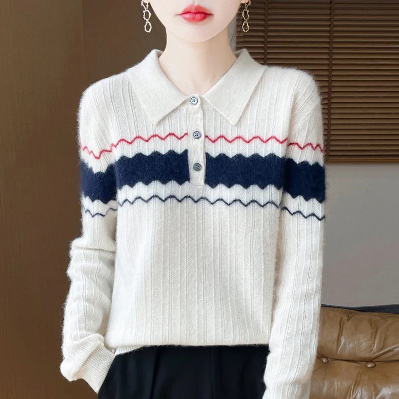 BELIARST 100% zuivere wol preppy stijl contrasterende kleur gebreide damespolokraag trui voor herfst en winter nieuw shirt
