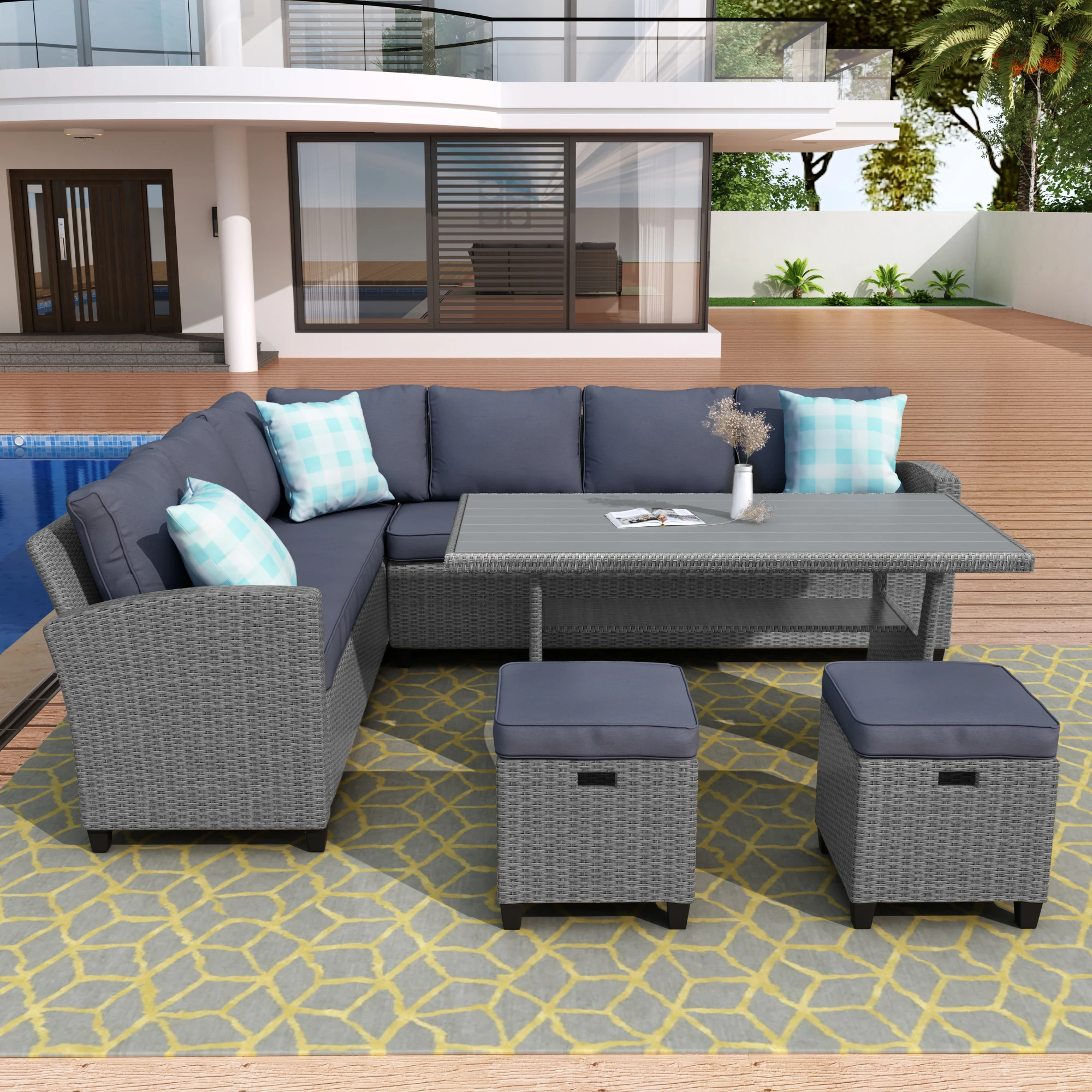 

Patio Furniture Set 5 Pcs Outdoor Conversation Set All Weather Wicker Sectional Couch Sofa Dining Table Chair w/ Ottoman&Pillow