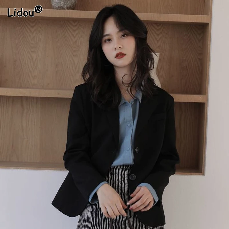 2022 Solid Tops Capable Formal Notched Button Simplicity Coat Business Casual Thin Blazers Korean Women's Clothing Spring Autumn