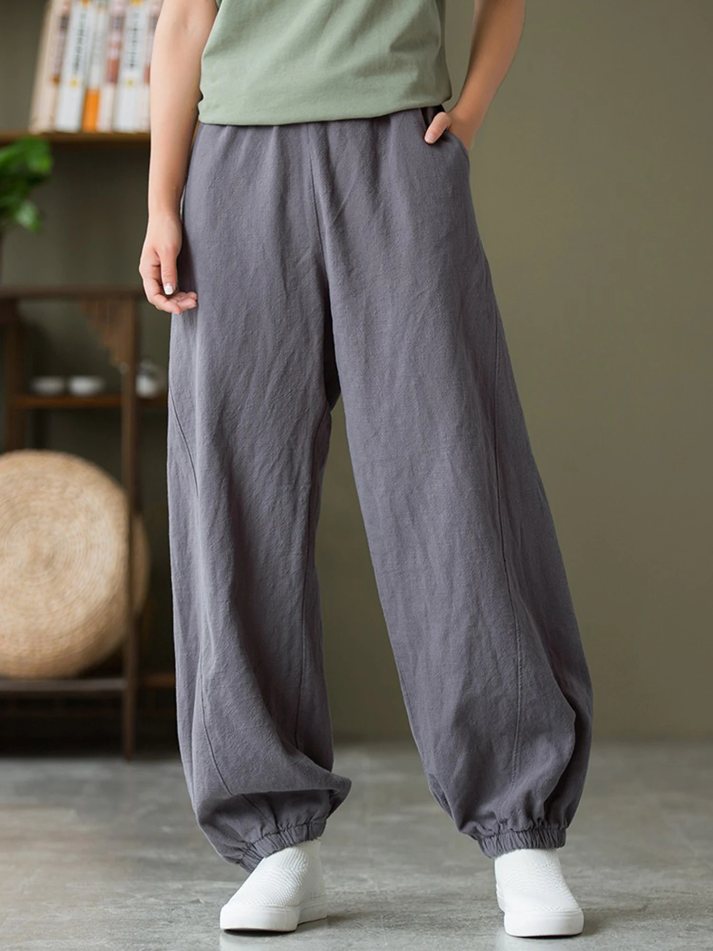 Women's Cotton Linen Casual Pants Loose Trousers Tai Chi Morning Exercise Long Pants Retro Lantern Pants Comfortable Breathable