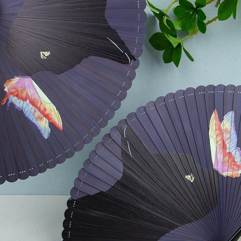 full bamboo folding fan, Chinese style female classical small dance fan, black summer cat, colorful butterfly, full bamboo fan