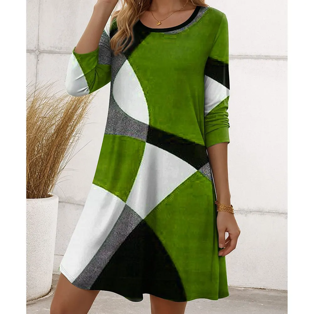 

Dresses Luxury 2025 Designer Geometric Print Fashionable Casual Round-Neck Long Sleeved For Versatile Skirt For Woman Party