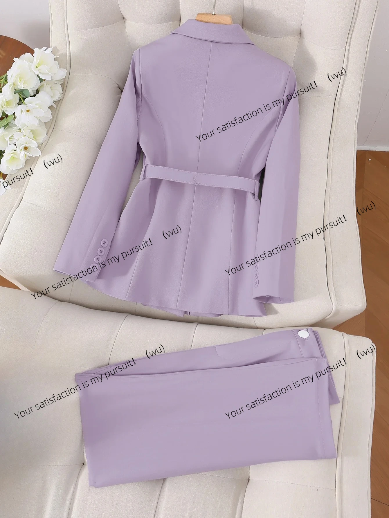 

Городской элегантный темпераментный однотонный пригородный офисный деловой костюм, куртка с поясом и длинные брюки, комплект из двух предметов, офисный автобус