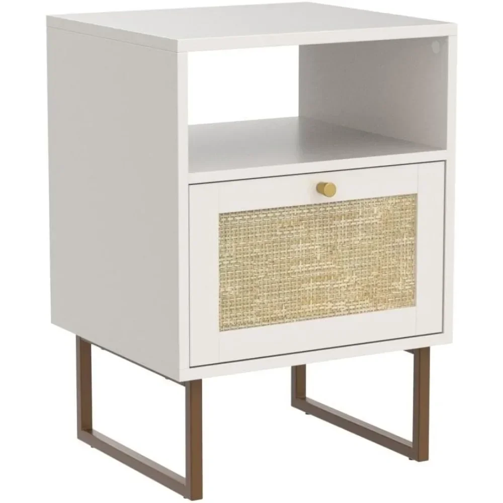 Modern Boho Farmhouse Wood Bedside Table with Storage Drawer and Open Shelf,Small Gold Frame Side End Table for Bedroom