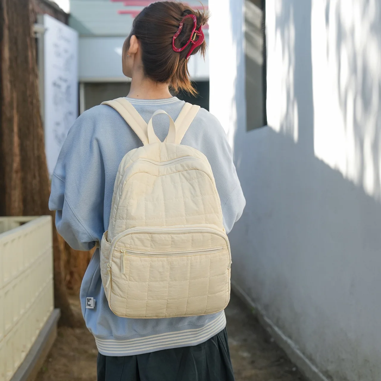 Casual Soft Quilted Rhombus Backpack Ladies Lightweight Nylon Multi Zipper Pockets Large Capacity Daily Travel School Daypack