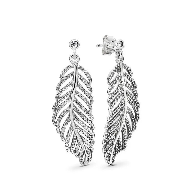 Hot Selling 925 Sterling Silver Shining Feather Wings Original Women's Logo Earrings Wedding DIY Fashion Charm Jewelry