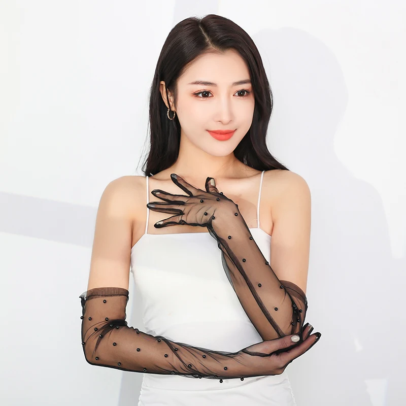 Women Sunscreen Arm Sleeves Black Pearl Transparent Mesh Bride Wedding Dress Long Etiquette Gloves Photo Performance Accessories