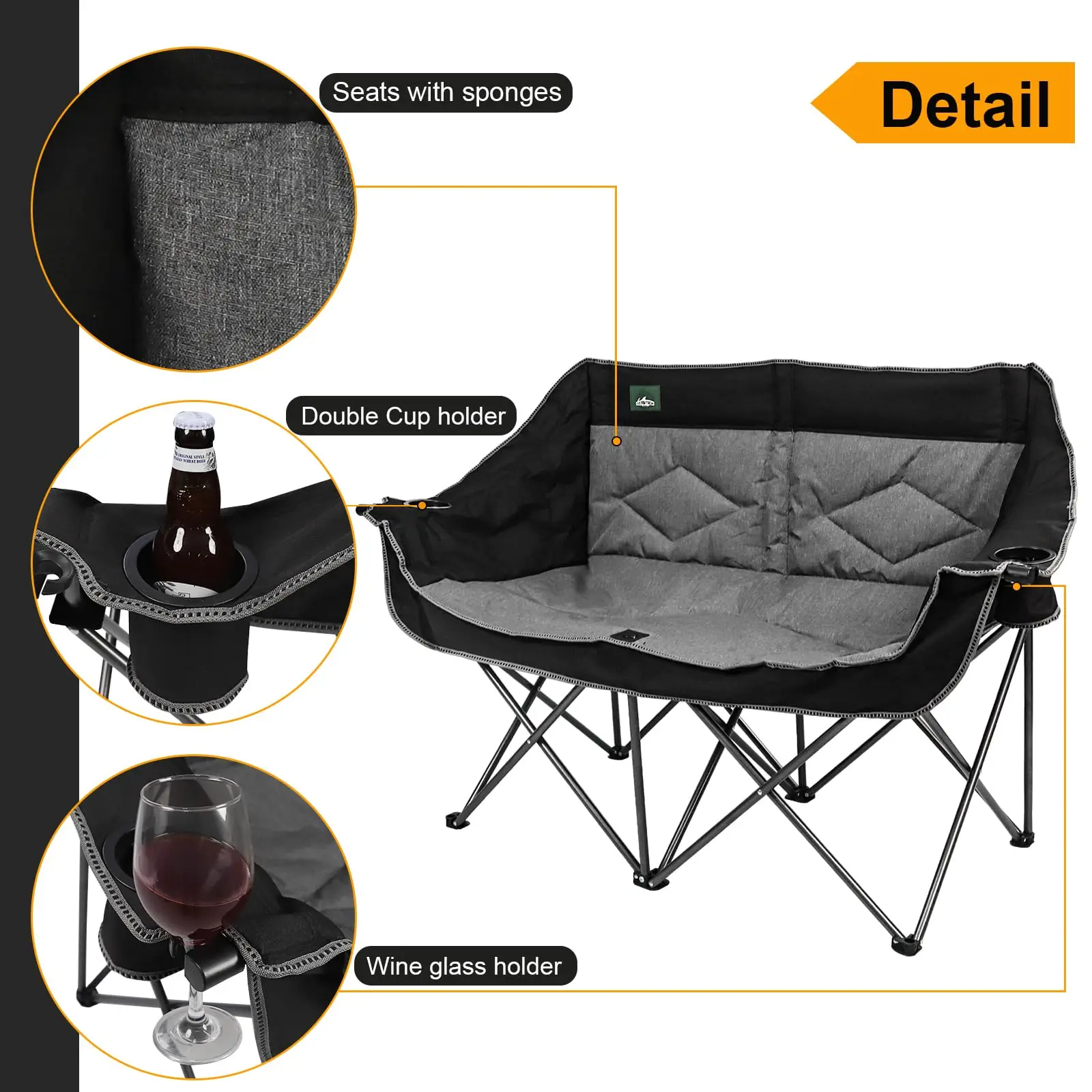 كرسي تخييم قابل للطي بمقعدين محمول مزدوج الثنائي كرسي أريكة حديقة مبطن بالكامل لشخصين يدعم 600 رطل للسفر في الهواء الطلق #3