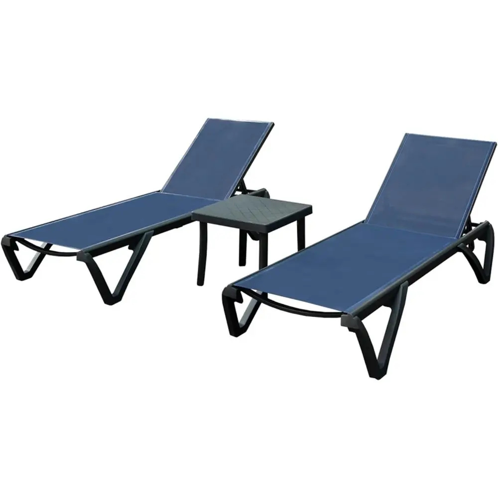 

Синий уличный шезлонг с регулируемой спинкой, приставным столиком и колесиками для патио, пляжа и бассейна