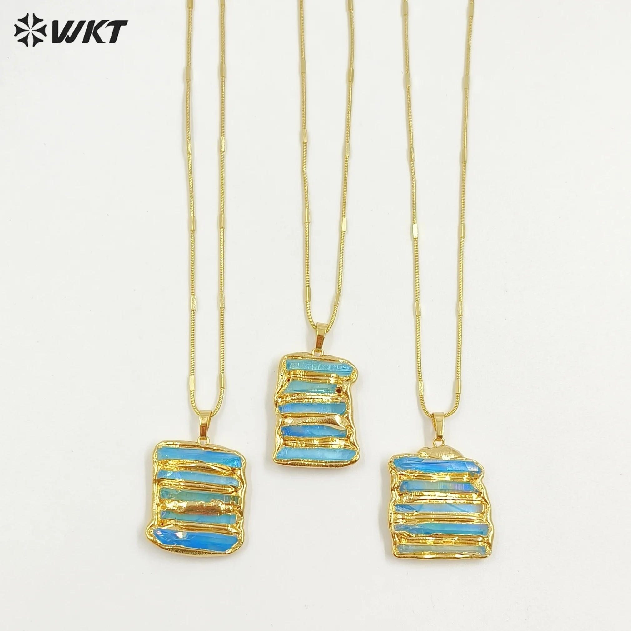 WT-N1494 Amazing Women Necklace With Aura Aqua Quartz Stone Pendant Gold Plated Tiny Chain Wholesale Jewelry Birthday Gift