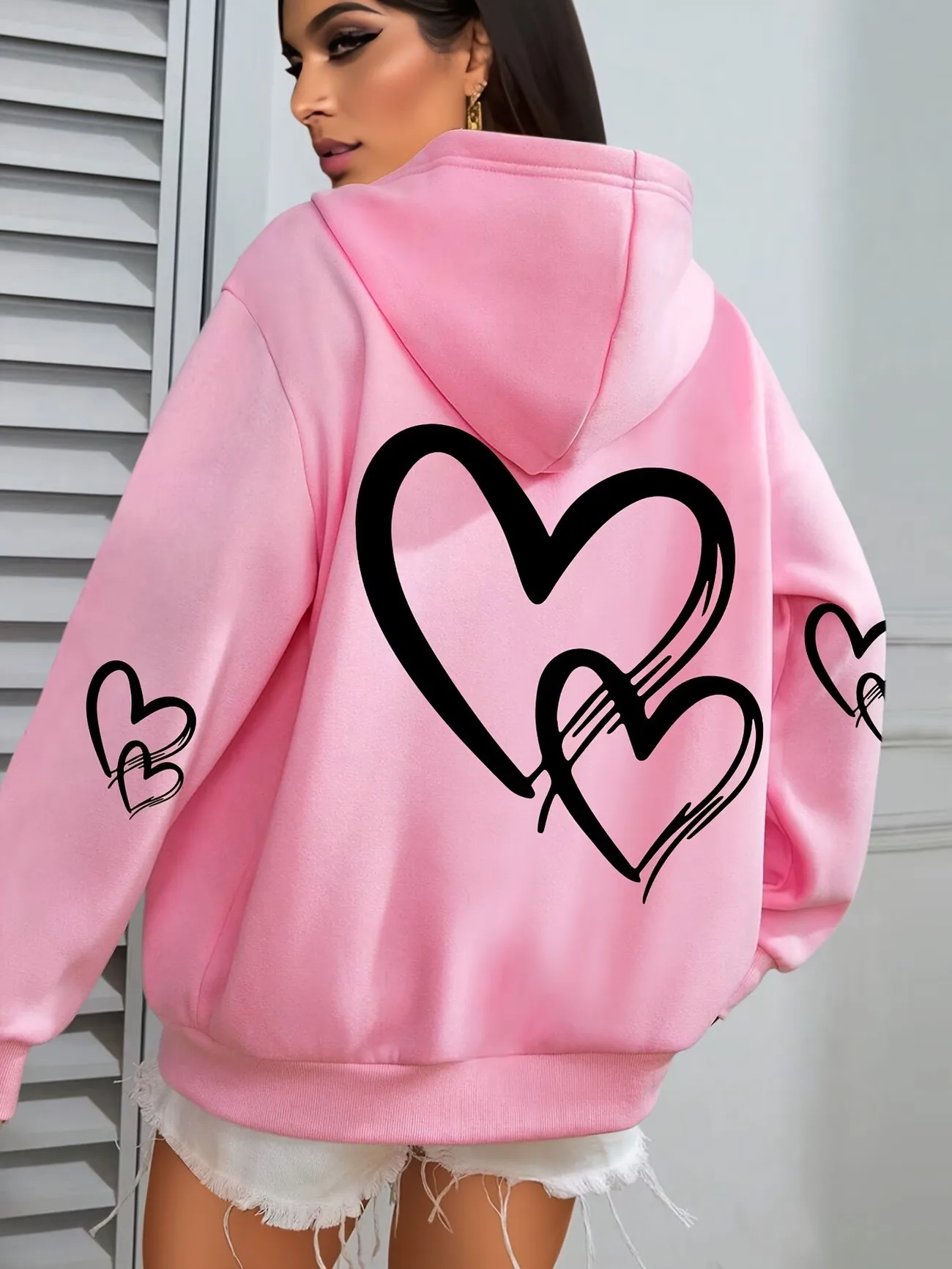 Damen-Kapuzenpullover mit Herzmuster, lässiger Langarm-Pullover mit Taschen, schlichtes Design, Streetwear-Style-Oberteil, im Sonderangebot. – Detail 12