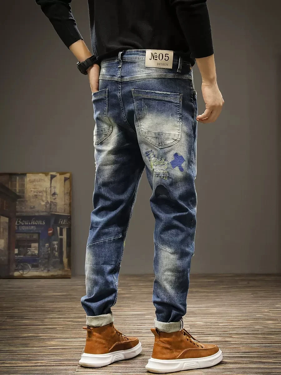 Streetwear Fashion Men Jeans Retro Blue Stretch Slim Fit Embroidery Ripped Jeans Men Patch Designer Hip Hop Denim Pants Hombre