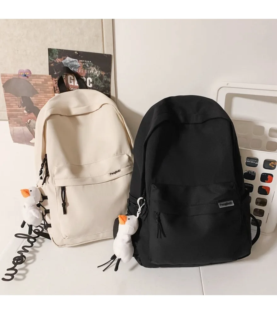 Off white ins style student backpack single front slip pocket with brand label checkered accessory charm lightweight soft fabric