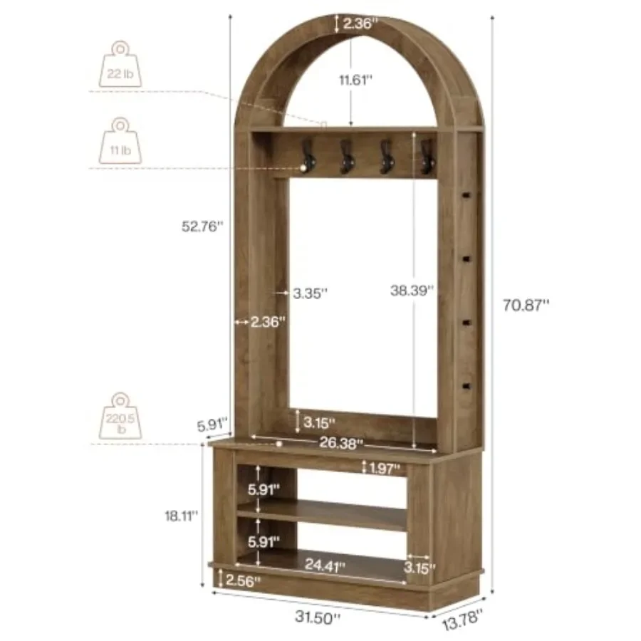 Entryway hall tree with bench and shoe storage, brown engineered wood, 5-in-1 coat rack with arched farmhouse design, 12 hooks