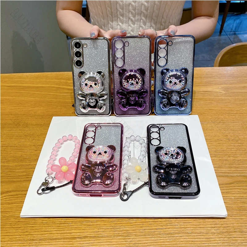 A 15 A 15S A 35 Flower Strap Bear Phone Holder Case On For Oppo A15 A1S5 A35 2021 OppoA15 OppoA15S OppoA352021 Stand Cover