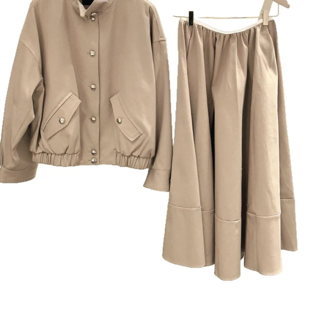 

Spring Women Stand Collar Long Sleeve Golden Buckle Solid Elastic Set Single-Breasted Pocket Jacket + High Waist Elegant Maxi Sk