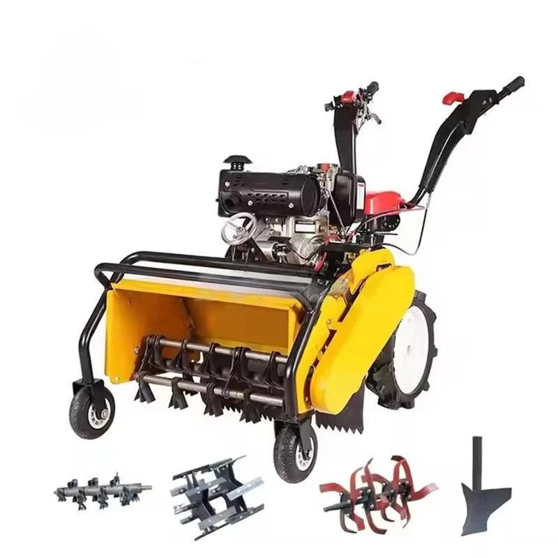 Agricultural lawn mower with replaceable accessories, integrated rotary tillage, trenching and grass cutting functions, handheld