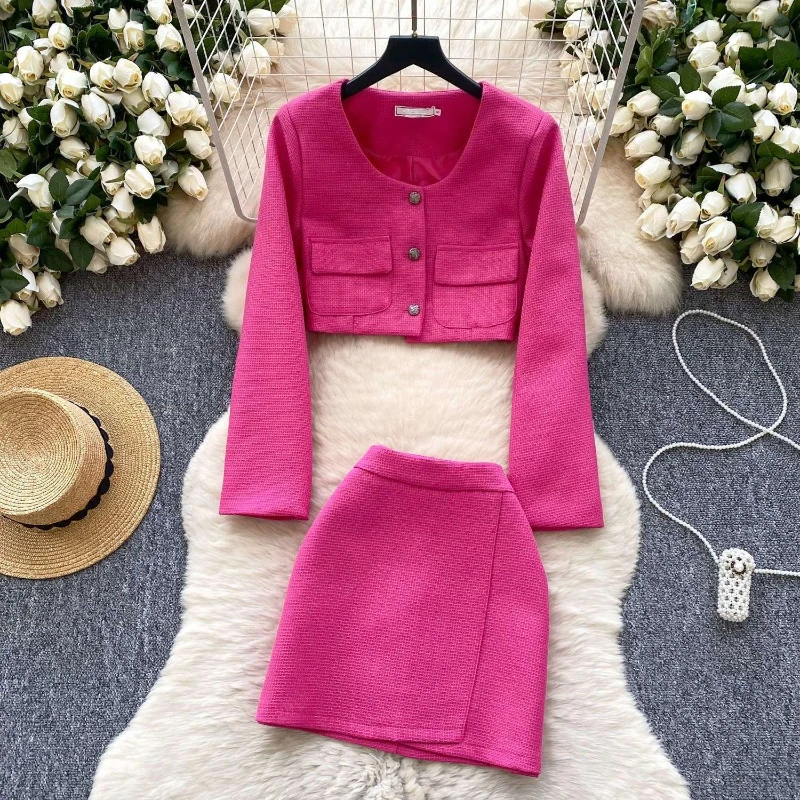 

Solid color double pocket short style suit jacket+high waist A-line bag hip skirt women's spring commute fashion two piece set