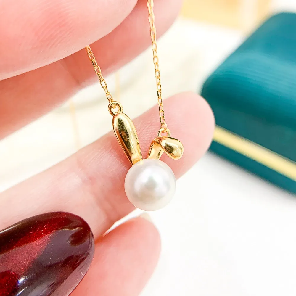 

DIY Pearl Accessories S925 Sterling Silver Set Chain Empty Tray Gold Silver Rabbit Necklace Women's Fit 7-9mm Round Flat L040