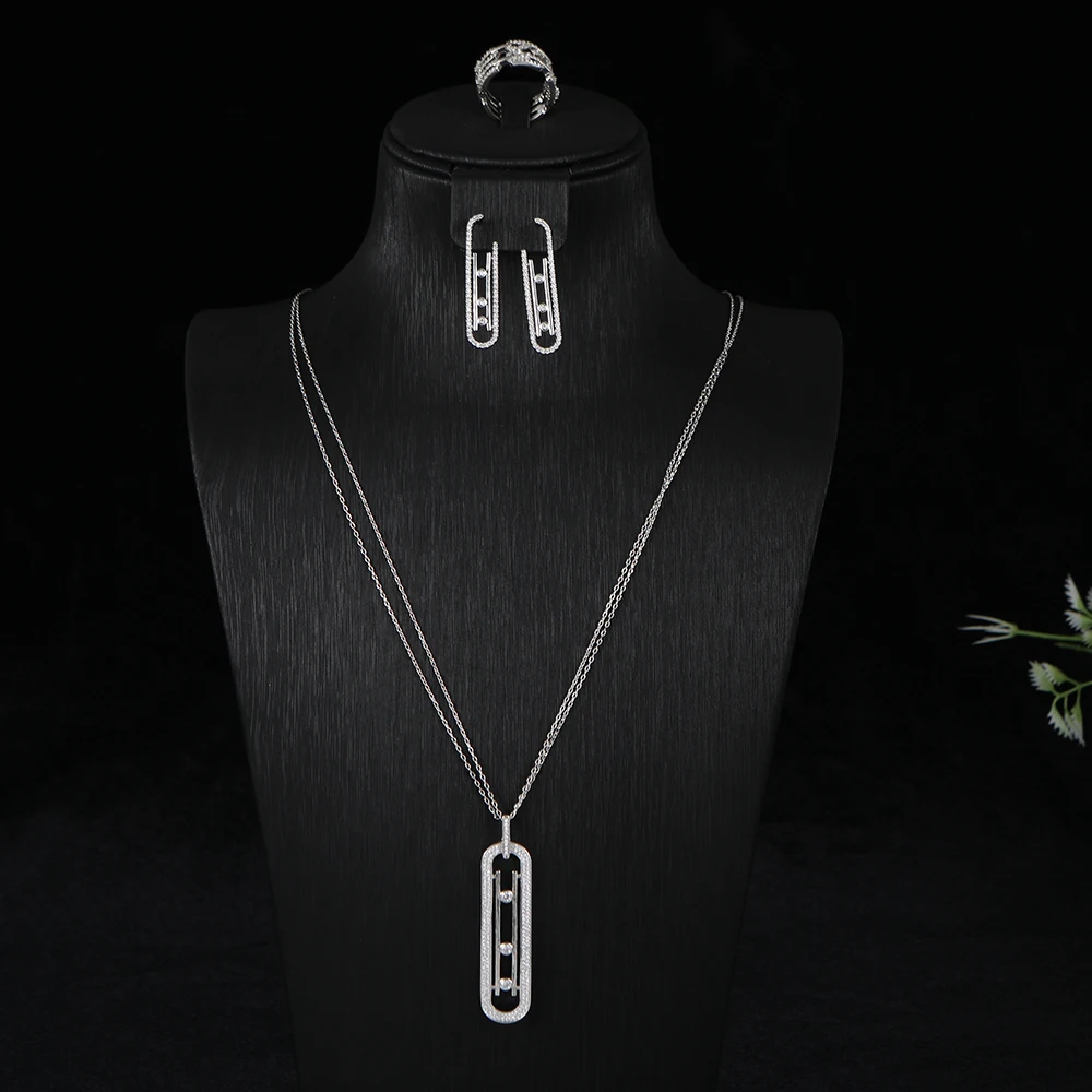 Luxury AAA Zircon Paper Clip Necklace Sweater Chain Earrings Ring Set For Women High Quality Party Wedding Jewelry S425