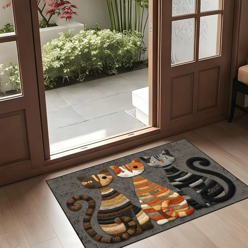 VIKAMA Boho Patchwork Stitch Cat Graphic Large Rug Non Slip Stain Resistant Floor Mat Living Room Office Tea Room Decor