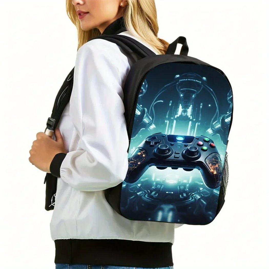 3pcs Game Controller Backpack Set For Boys, Casual Polyester Student Bookbag With Lunch Bag And Pencil Case, Hand Washable, Zipp