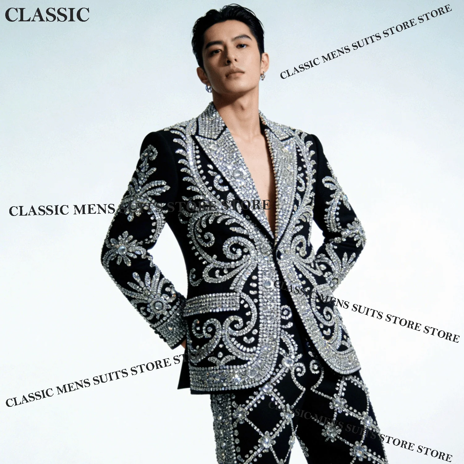 Glitter Customized Tuxedos Men Suits Sparkly Diamond Decoration Peaked Lapel Groom 2 Pieces Set  Wedding Male Prom Blazers suit