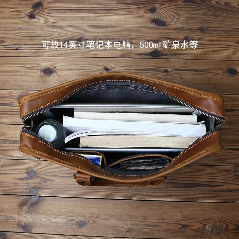 Retro Genuine Leather Men's Computer Bag  Crazy Horse Leather  Commuting Bag Top Layer Cowhide Single Shoulder Crossbody Bag