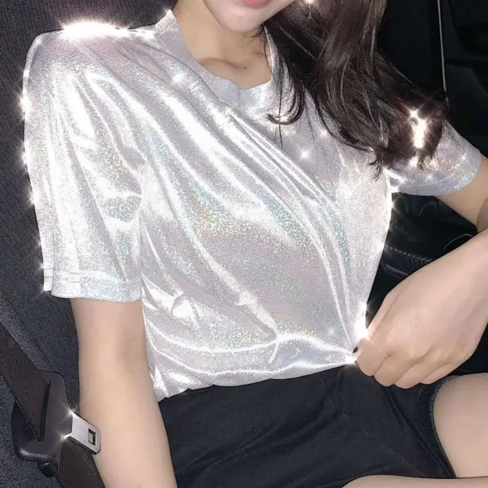Fashion Summer T-shirt Shiny Bright Silk Short Sleeve Tshirt Retro Style Loose Women Tops Women
