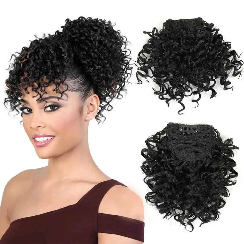 Synthetic Curly Bangs for Black Women Short Afro Kinky Curly Bangs Clip in Bangs for Daily Use