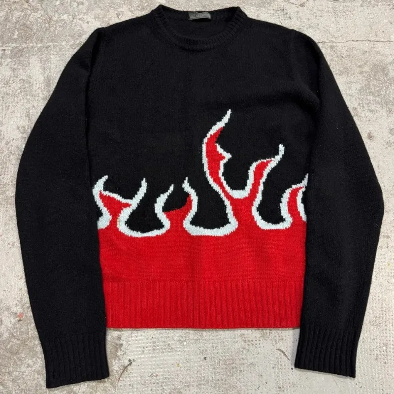 

A pcs new trendy knitted sweater Y2K retro hip hop pullover oversized burning sweater men women loose streetwear