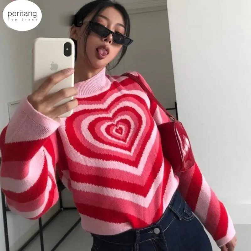 

Y2K Knitted Sweater Aesthetics Heart Striped Pullovers Sweater Girls Sweet Long Sleeve Turtleneck Jumper Autumn Streetwear