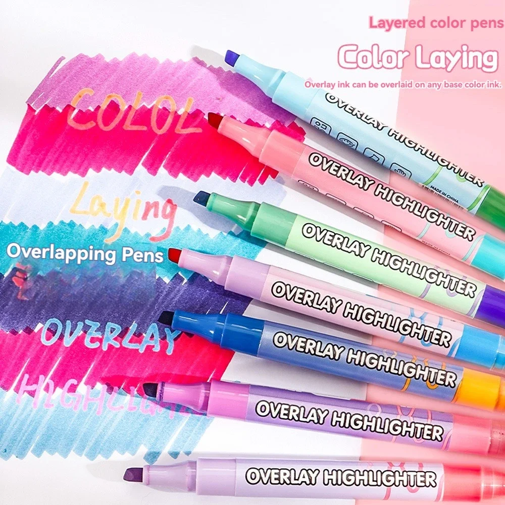 8-teiliges Overlay-Farben-Textmarker-Set, doppelseitig stapelbar, magischer fluoreszierender Kunstmarker, Liner, Zeichnen, Büro, Schule
