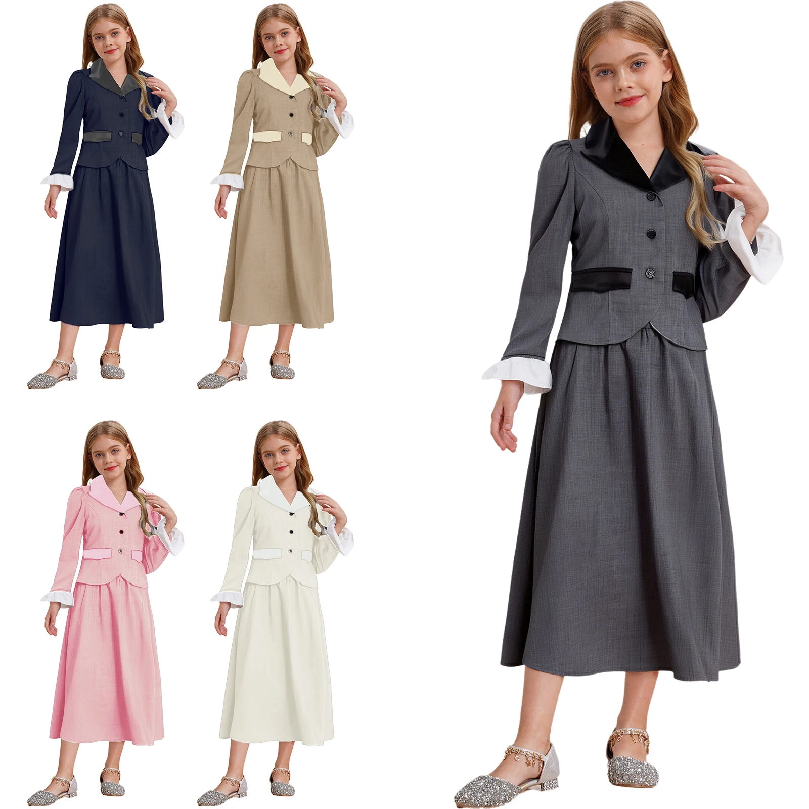 معطف تنكري رائد للمربية الفيكتورية للفتيات الصغيرات مع بدلة تنورة لحفلات الهالوين الكلاسيكية التاريخية
