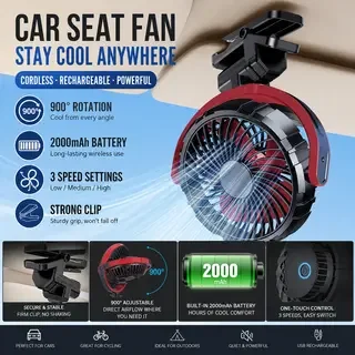 2026 New Upgrade Eary Battery Powered Car Fan Clip On Fan For Car Visor Quiet 360° Rotate Usb Rechargeable For SUV Van