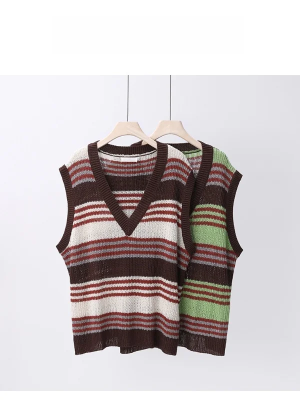 

Женский модный вязаный свитер больших размеров с цветными блоками, полосатый жилет с вырезами, весенний повседневный дышащий укороченный жилет
