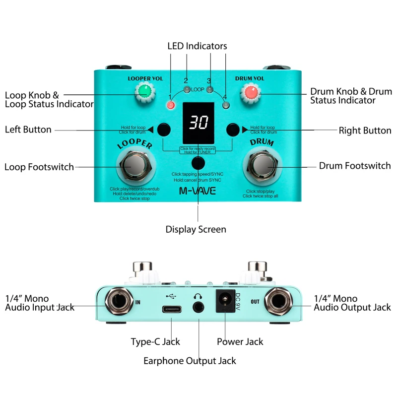 M-VAVE Guitar Effect Pedal Drum Looper Effector 30 Drums 11 Mins Looper Recoding Time High Precision Tuner LOST TEMPO CUVAVE