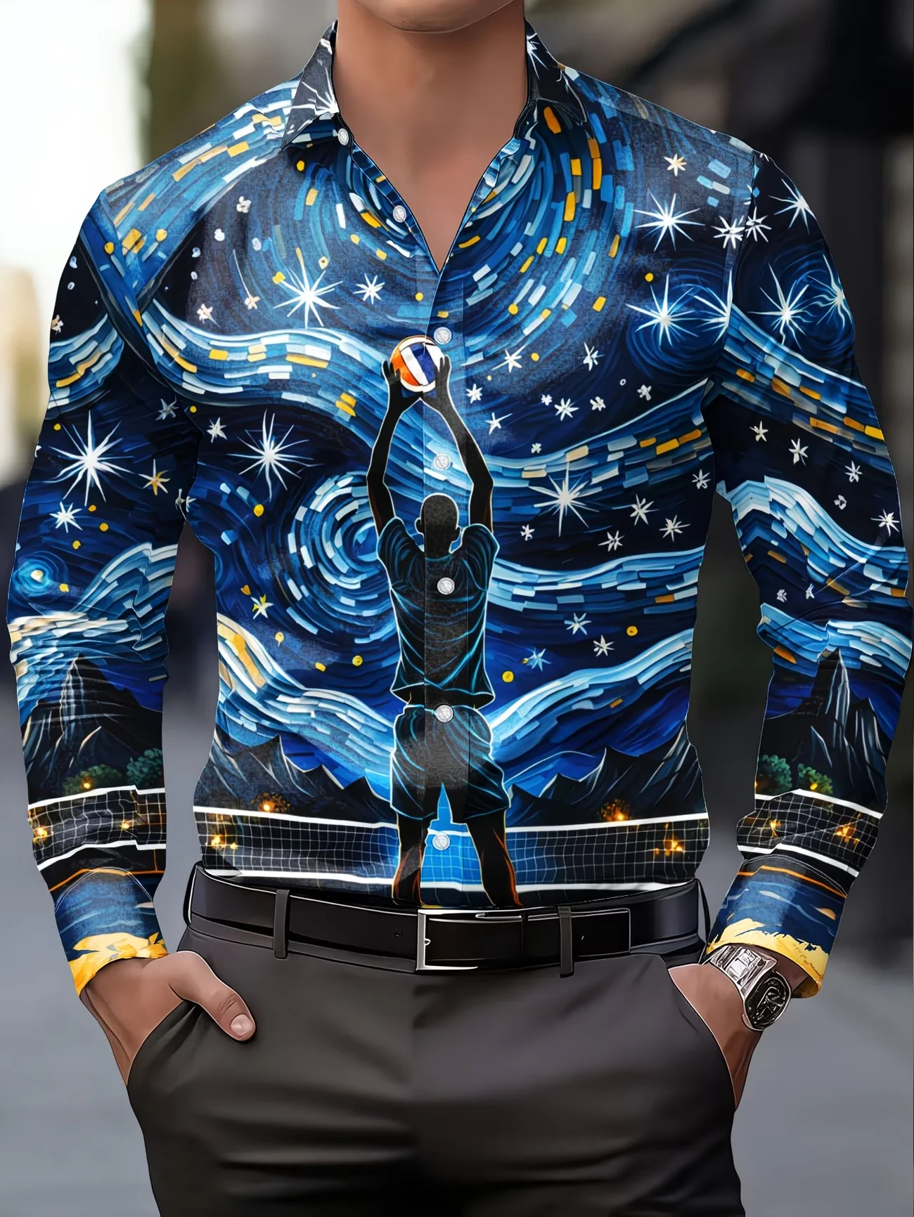 

Новая мужская рубашка с длинным рукавом и 3D-принтом «Звездное небо и черные крылья», с отложным воротником, модная и стильная одежда
